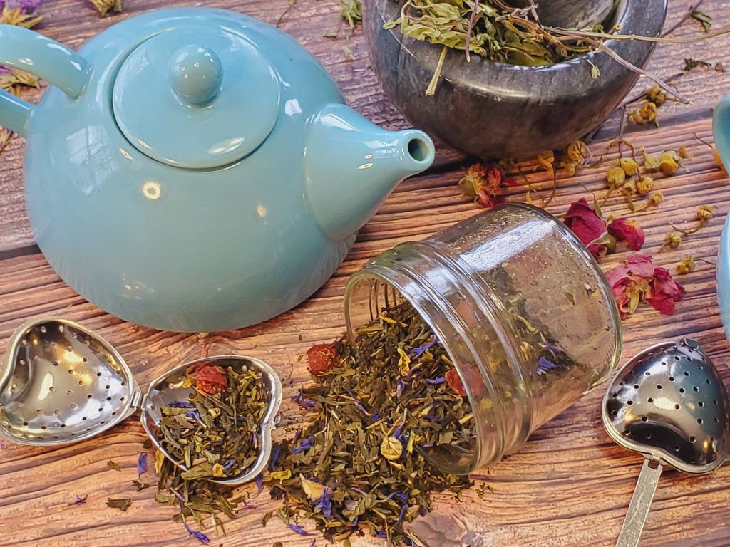 Blue Skies tea Blend.  Green tea with a medley of blue flowers that produce a light sweetness with a hint of rose undertone.