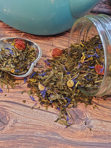 Blue Skies Tea Blend.  Green tea with a medley of blue flowers that produce a light sweetness with a hint of rose undertone.